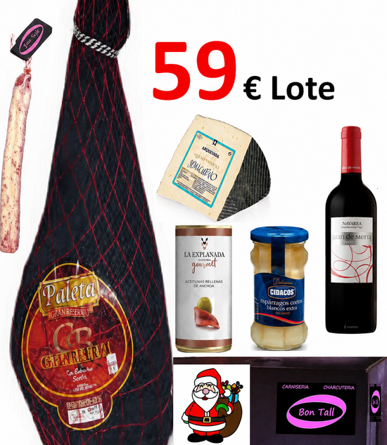 lote pack paletilla bodega Los Romeros Jabugo Huelva + cuña de queso + espetec + vino + conservas + turrón