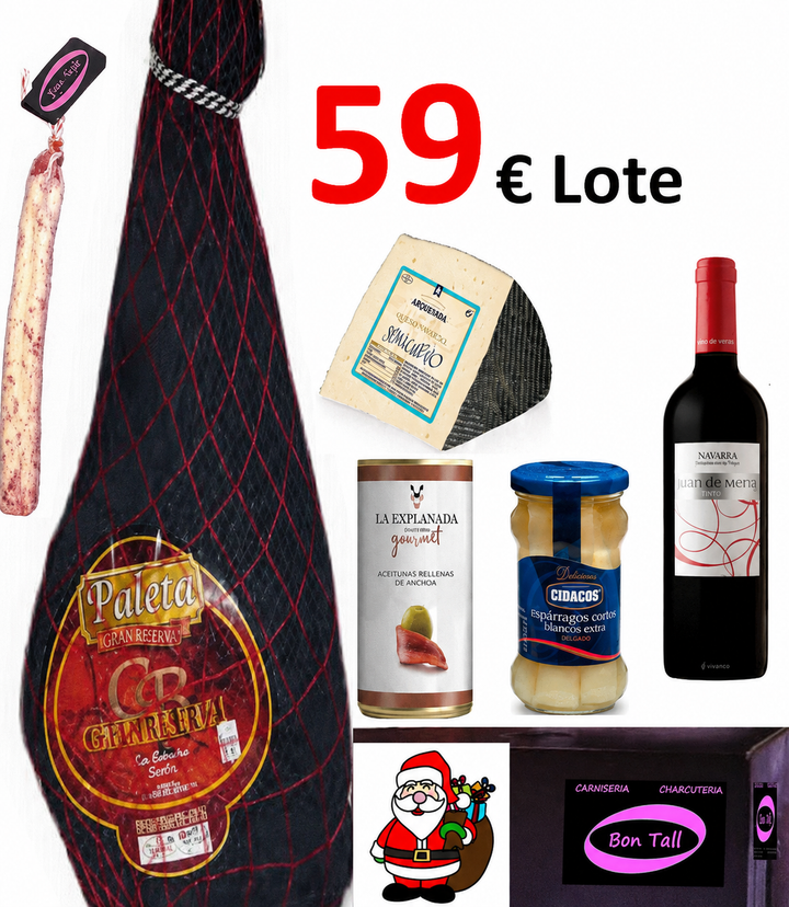 lote pack paletilla bodega Los Romeros Jabugo Huelva + cuña de queso + espetec + vino + conservas + turrón