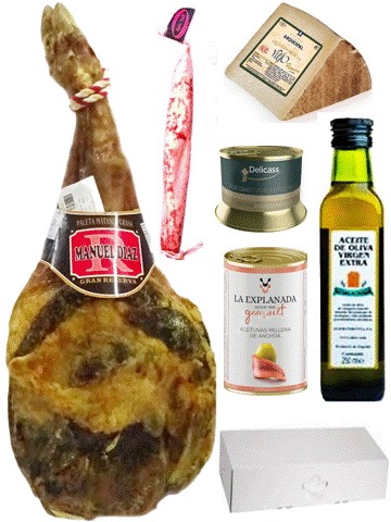 PACK CON FUNDAMENTO PALETA DE MATANZA + ESPATEC + QUESO VIEJO + PATE DE PATO + ACEITUNAS RELLENAS + ACEITE OLIVA VIRGEN