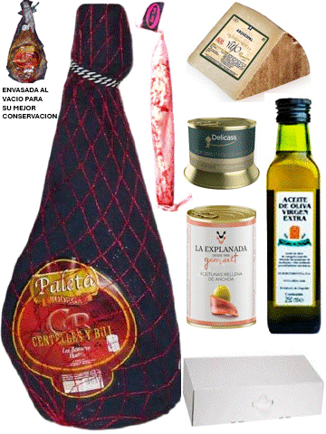 PACK CON FUNDAMENTO CON PALETA DE BODEGA "LOS ROMEROS" HUELVA de 4'5 a 5 Kilos+ ESPATEC + QUESO VIEJO + PATE DE PATO + ACEITUNAS RELLENAS + ACEITE OLIVA VIRGEN