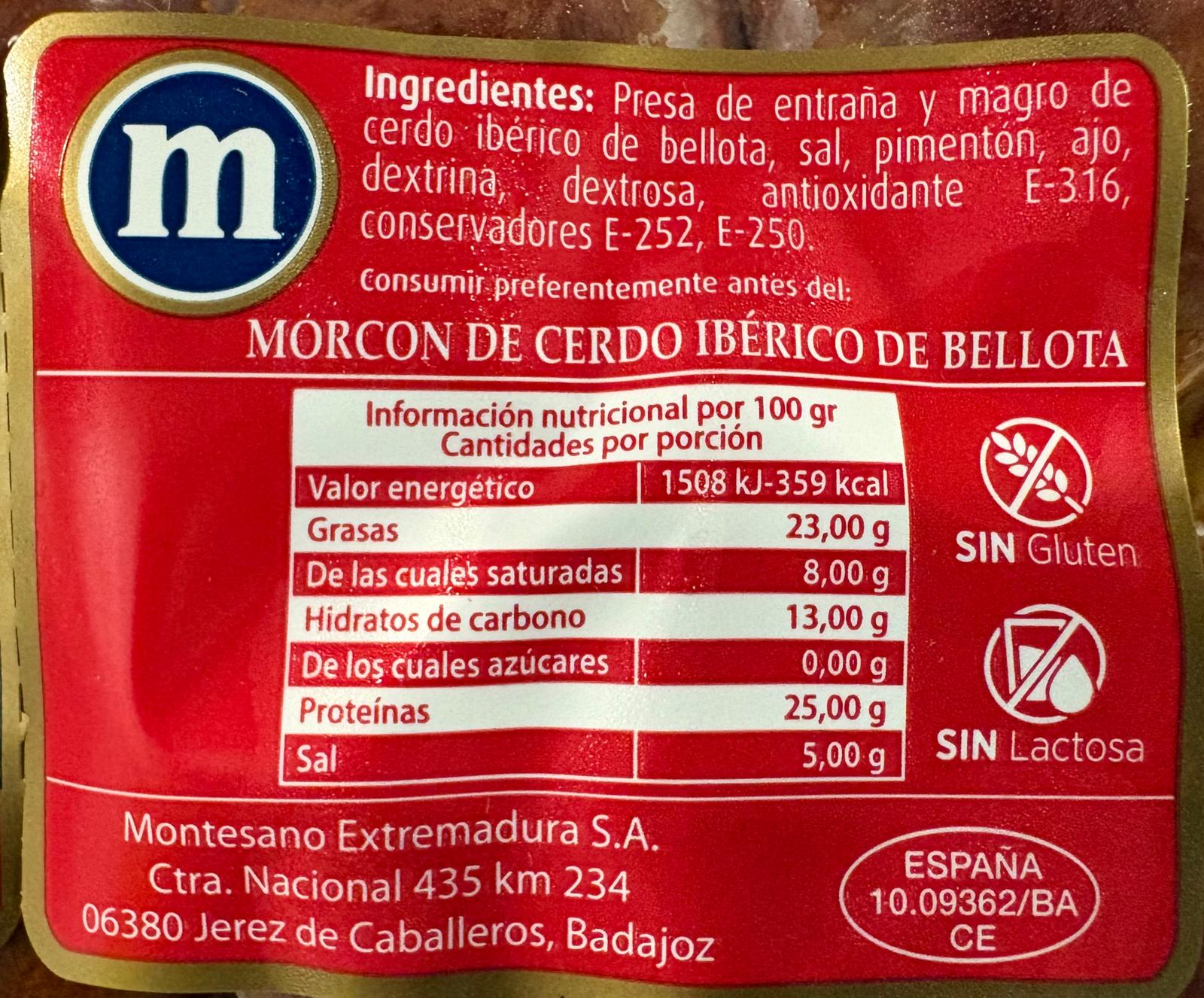 MORCON IBÉRICO DE BELLOTA - MONTESANO - EXTREMADURA- en Pieza Entera - 1/2 Pieza - Loncheado 100 grs.