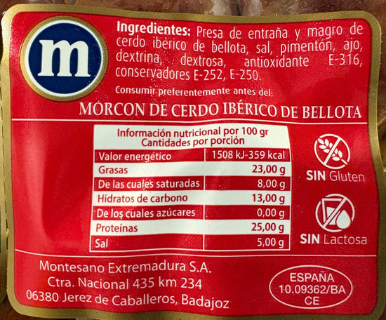 MORCON IBÉRICO DE BELLOTA - MONTESANO - EXTREMADURA- en Pieza Entera - 1/2 Pieza - Loncheado 100 grs.