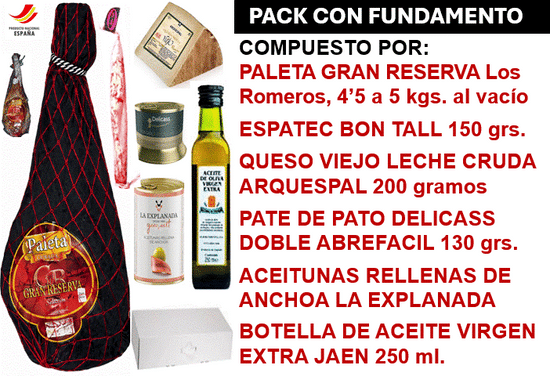 LOTE PACK CON FUNDAMENTO, COMPUESTO POR: PALETA GRAN RESERVA "LOS ROMEROS" de 4'5 a 5 Kilos+ ESPATEC + QUESO VIEJO + PATE DE PATO + ACEITUNAS RELLENAS + ACEITE OLIVA VIRGEN