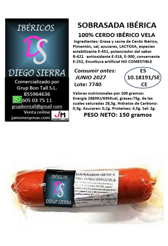 SOBRASADA IBÉRICA 100X100 "Diego Sierra" vela de 150 gramos