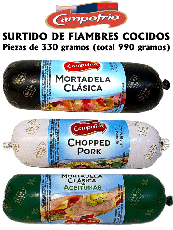 SURTIDO CAMPOFRIO CON: CHOPPED PORK - MORTADELA CLASICA - MORTADELA ACEITUNAS (total 990 gramos)