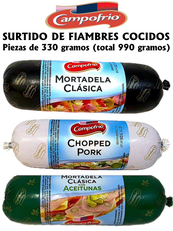SURTIDO CAMPOFRIO CON: CHOPPED PORK - MORTADELA CLASICA - MORTADELA ACEITUNAS (total 990 gramos)